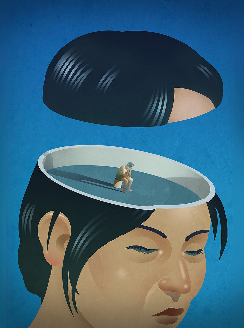 Woman sitting in despair inside head, illustration