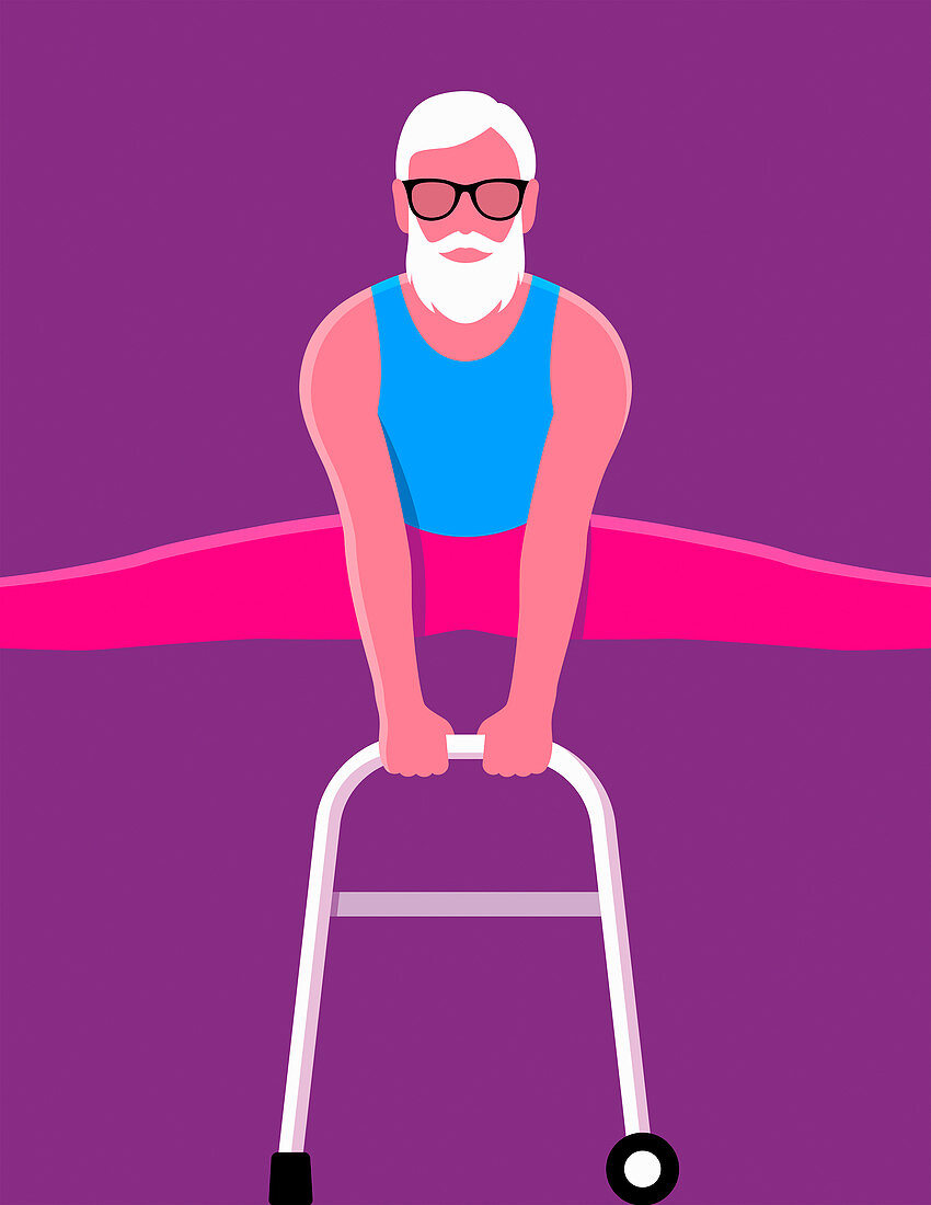 Elderly man doing gymnastics on zimmer frame, illustration