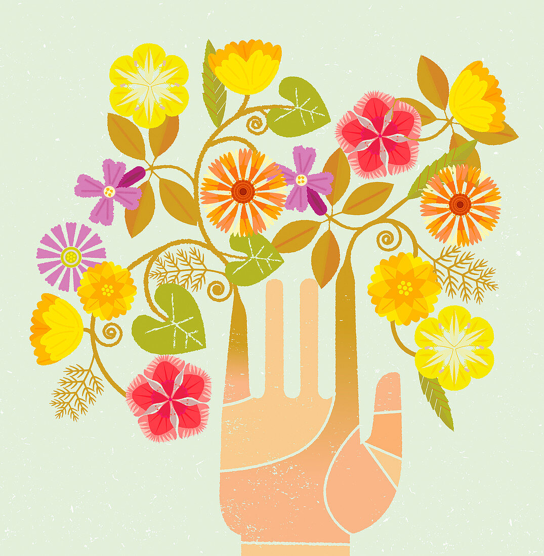 Flowers growing from fingers, illustration