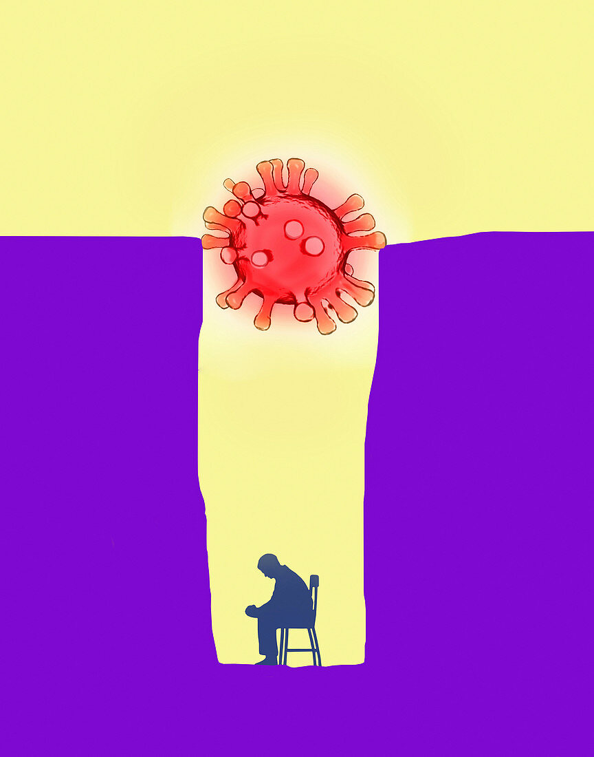 Man trapped alone by coronavirus, illustration