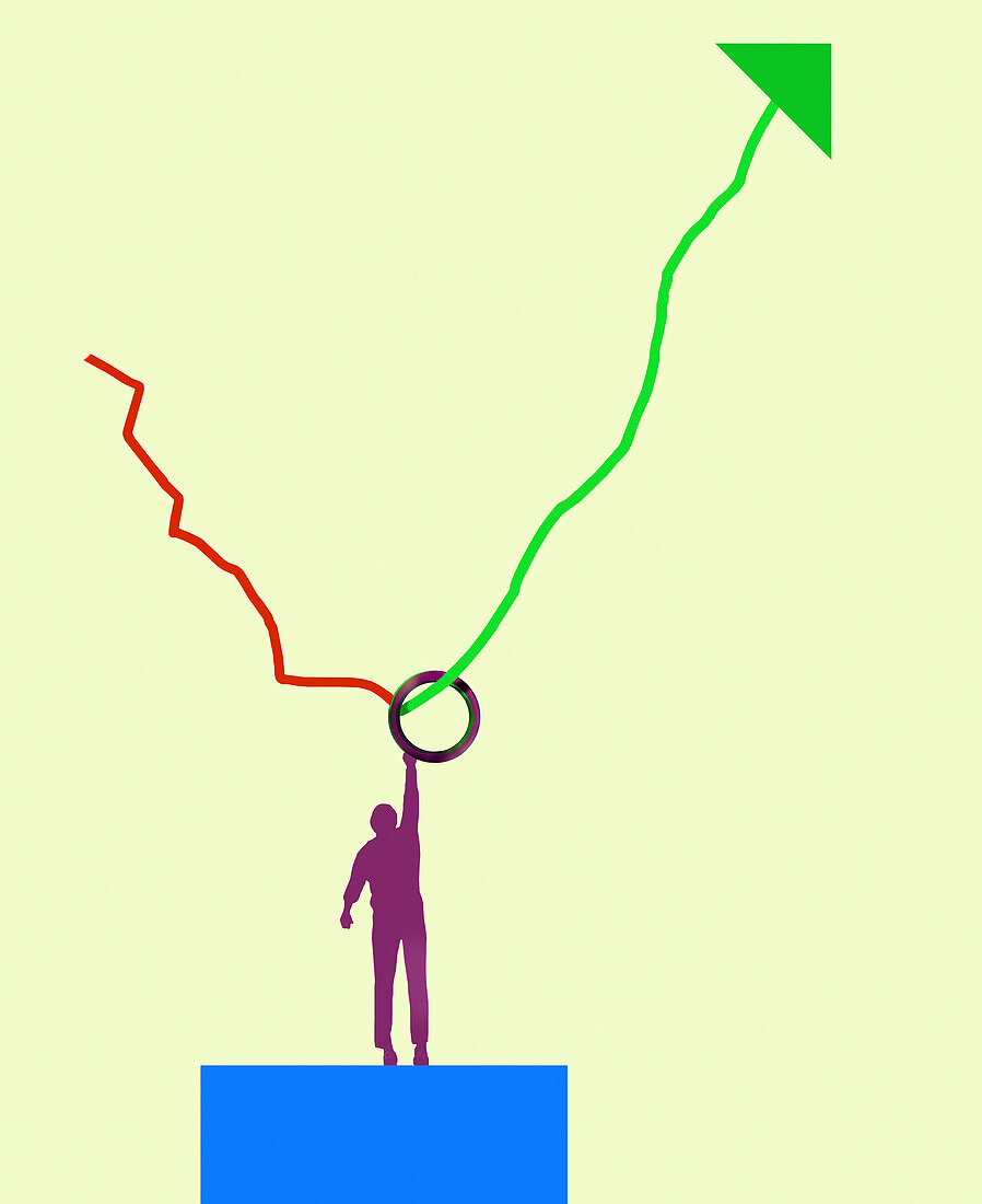 Man reaching up to hold on to upturn in graph, illustration