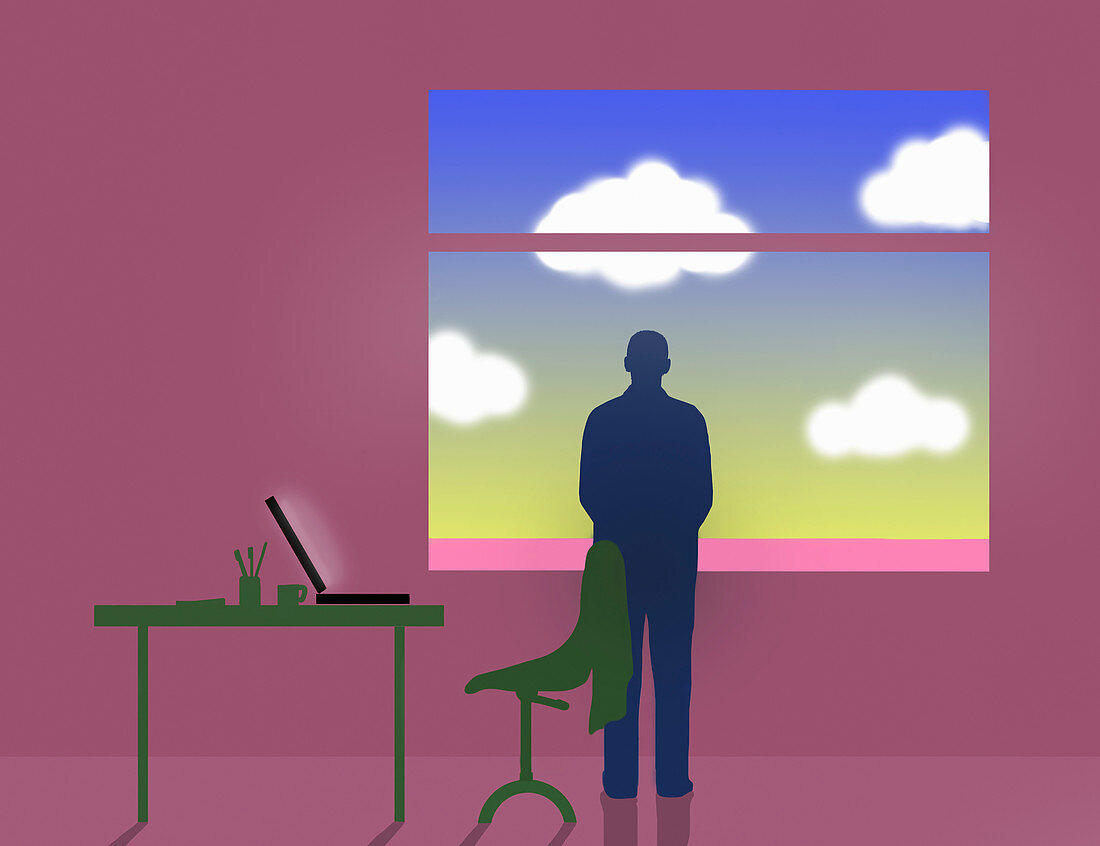 Businessman looking out of office window, illustration