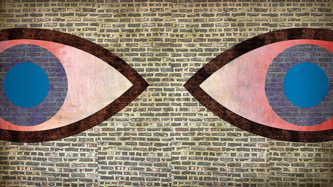 Large eyes in brick wall, illustration