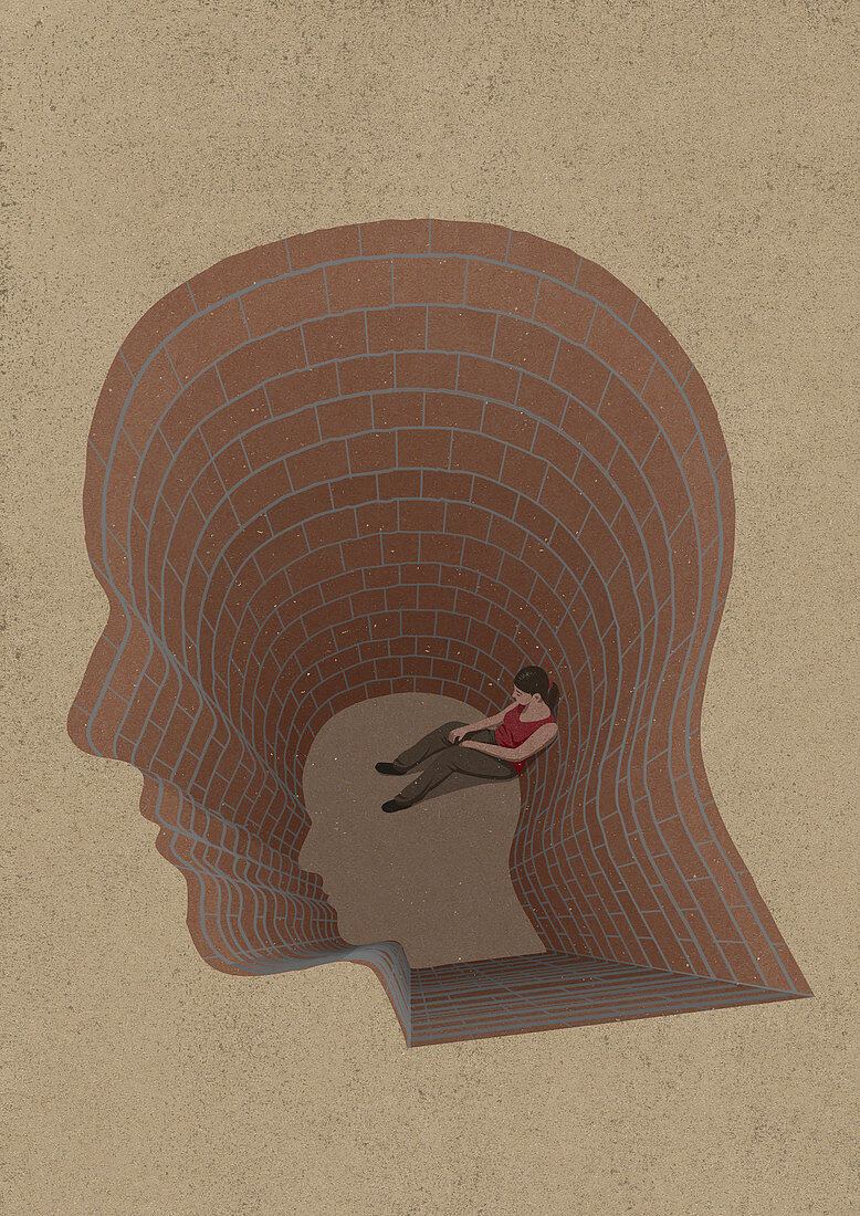 Girl trapped at the bottom of head shaped hole, illustration