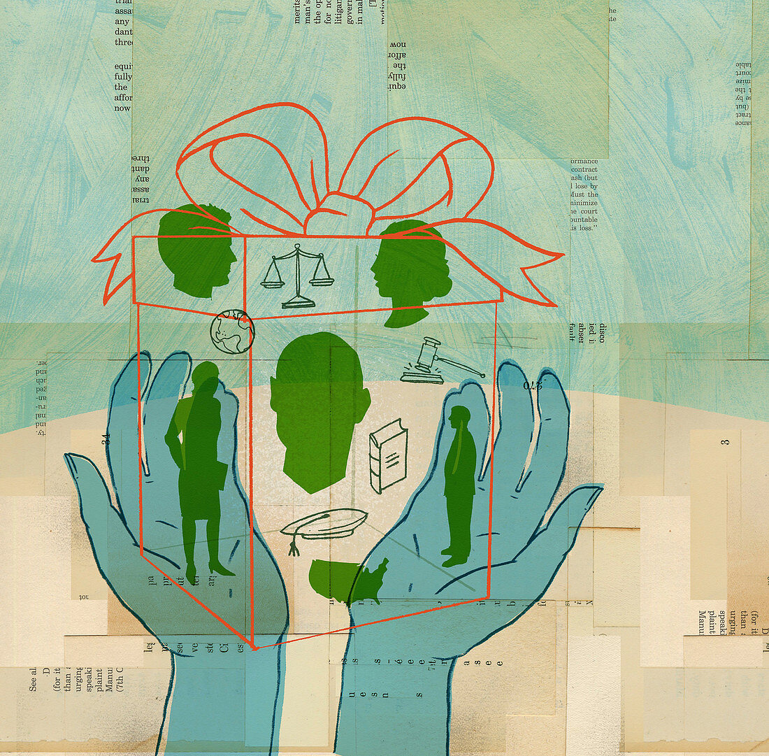 Hands holding gift box containing legal system, illustration