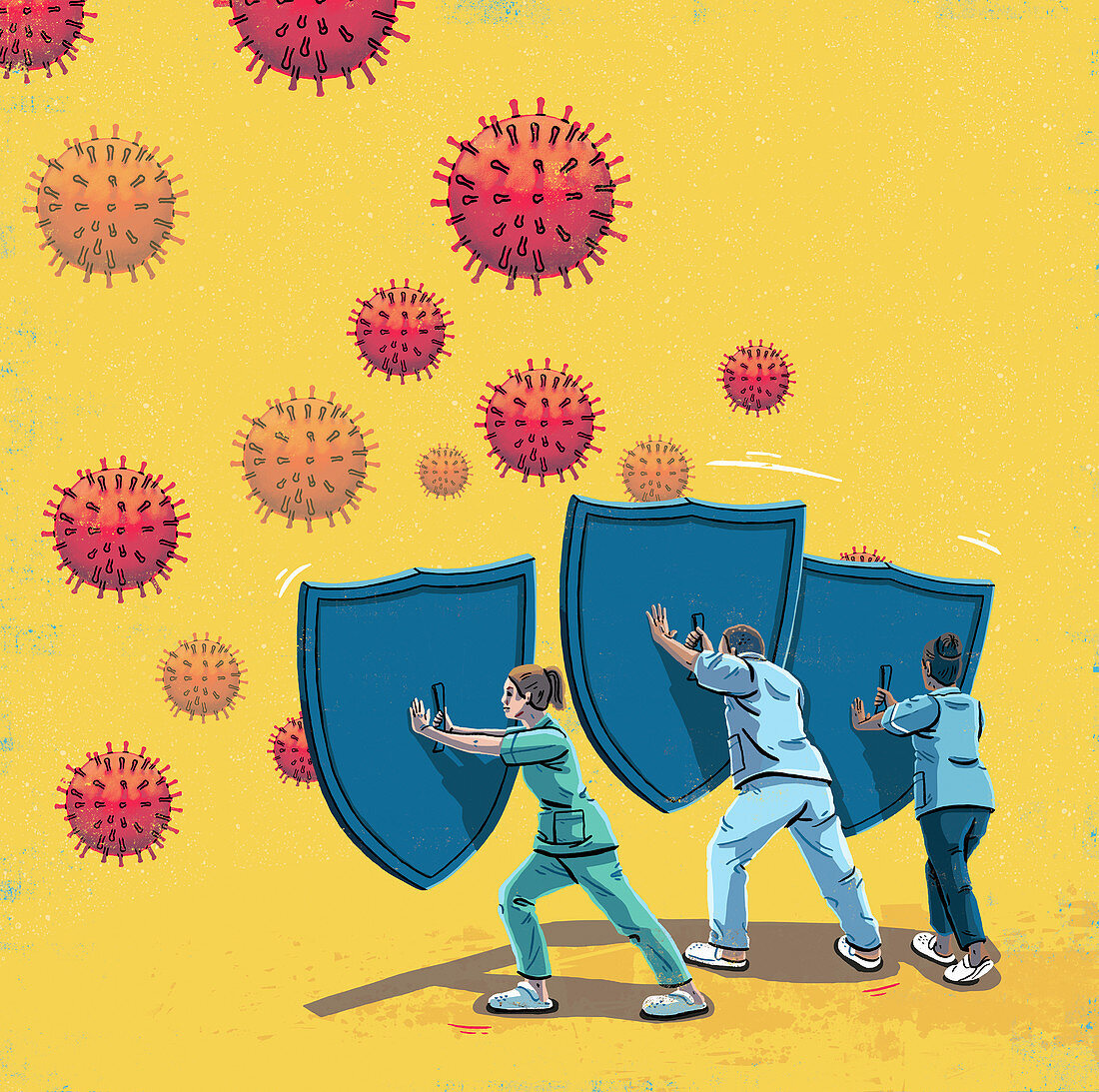 Healthcare workers with shields, illustration