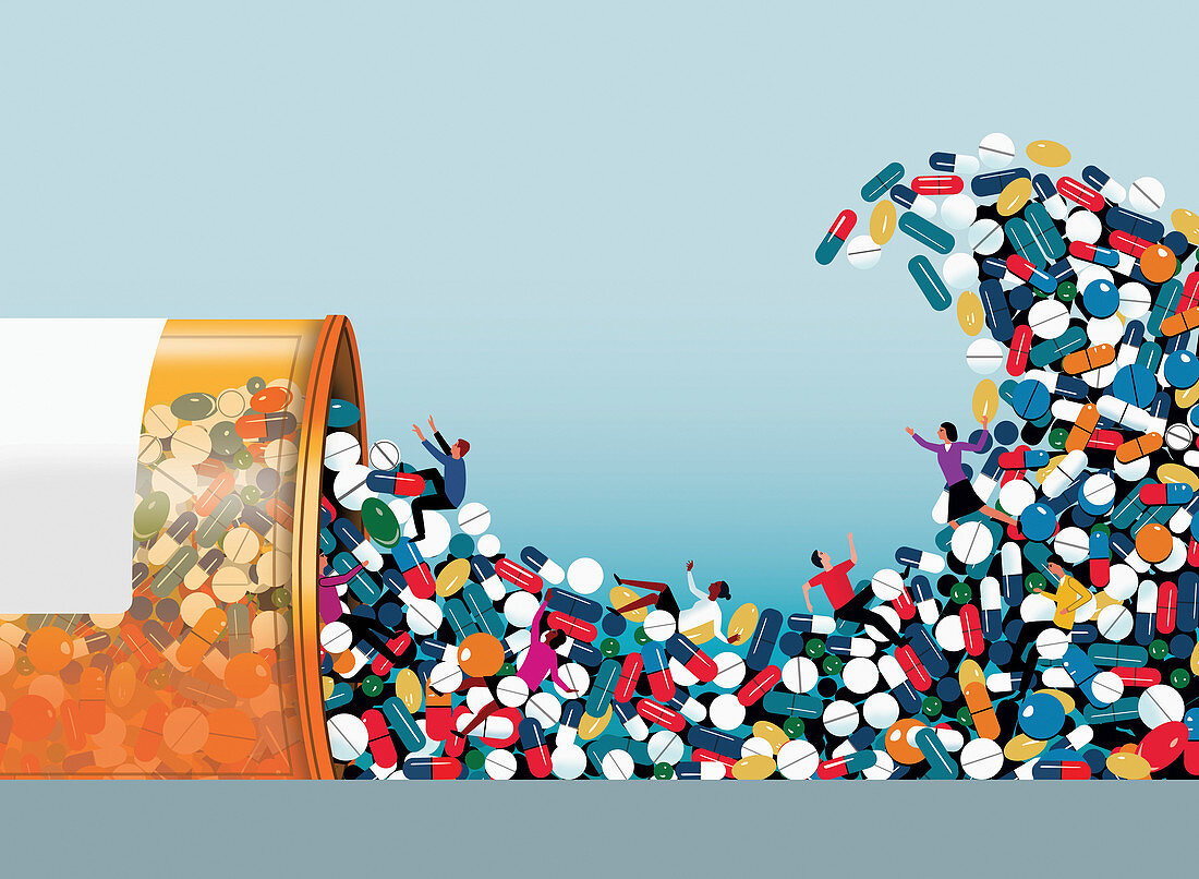 People swept away in tidal wave of pills, illustration