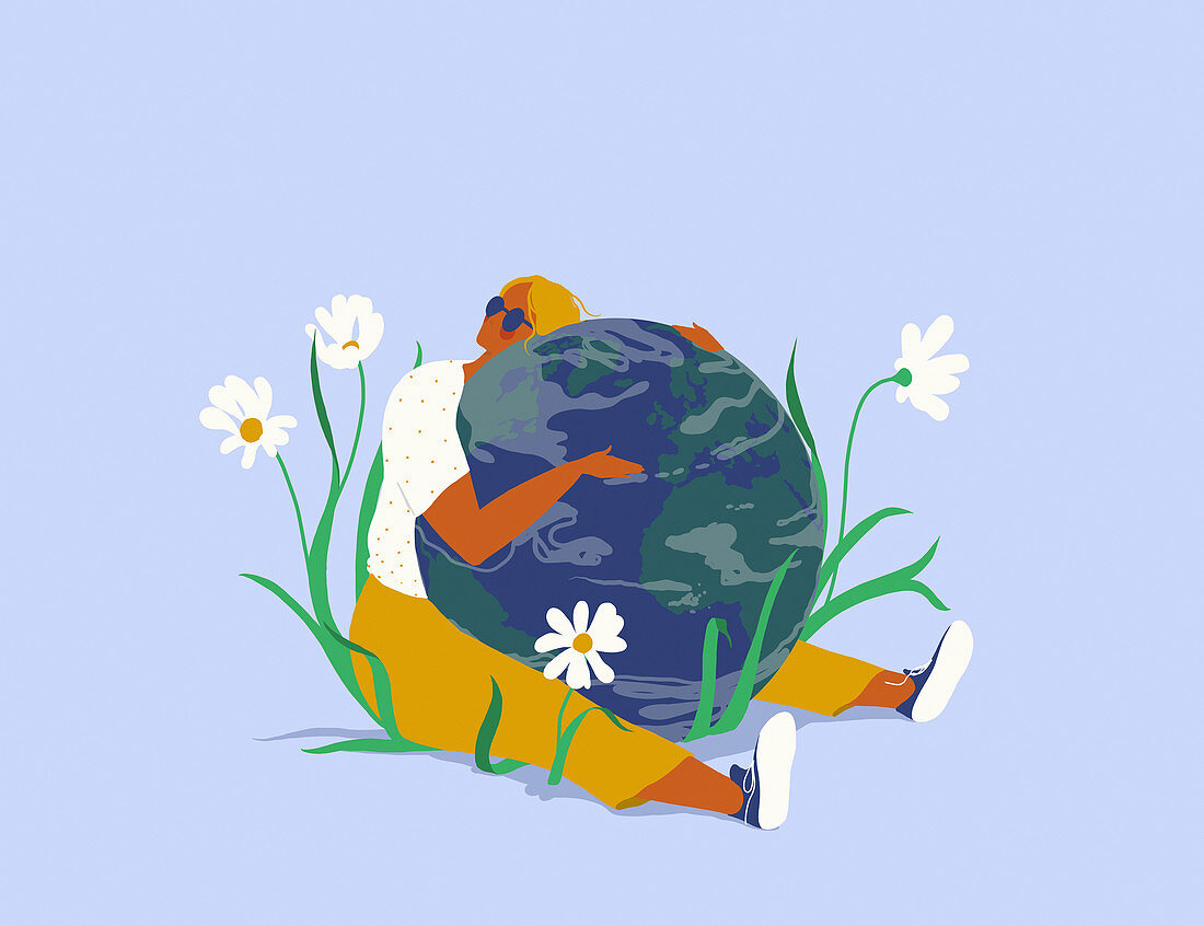 Woman hugging planet Earth, illustration