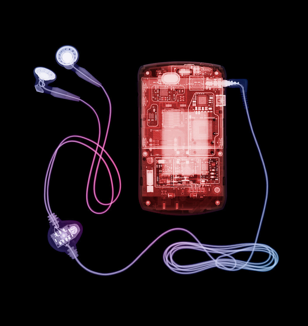 Mobile phone and headphones, X-ray