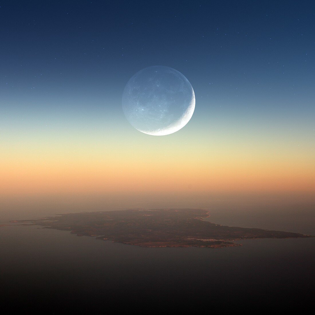 Crescent moon over Menorca, aerial photograph