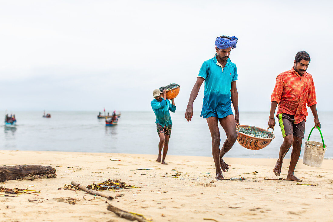 Fischer am Strand (Kerala, Indien)