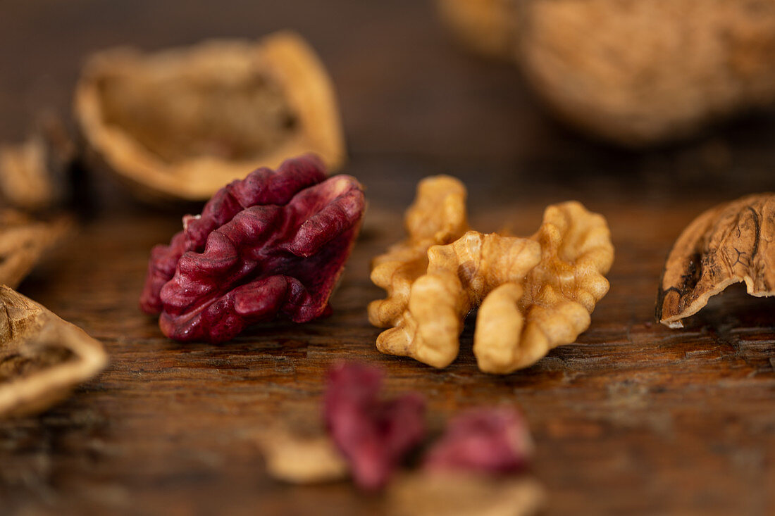 A red Hungarian walnut and a common walnut