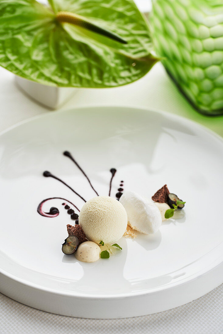 Dessertvariation mit Vanille, Kokos und Heidelbeere