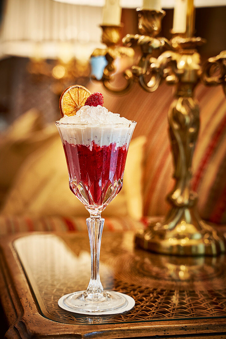 A winter cocktail – 'Snow Queen' made with raspberry syrup and Baileys