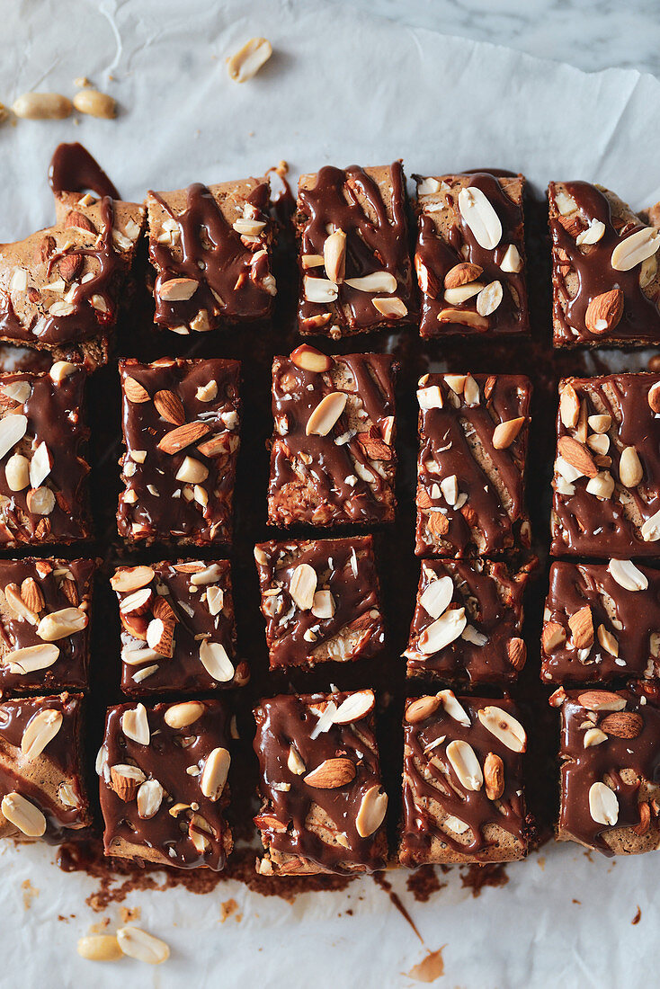 Chocolate brownie with peanut butter and almonds