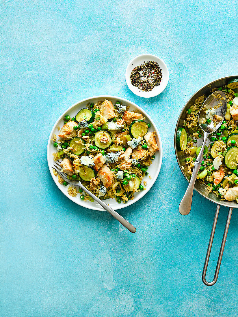 Chicken, leek and blue cheese pilaf
