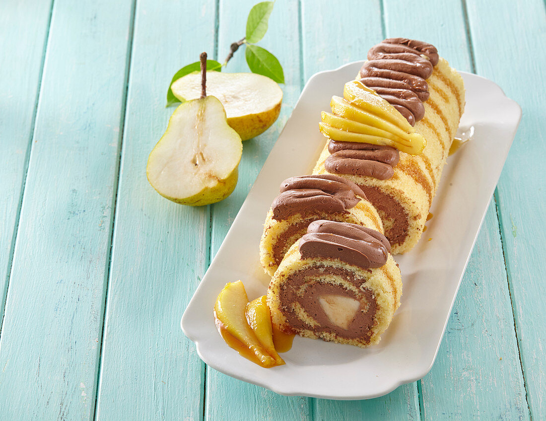 Roulade with chocolate cream and pears in caramel