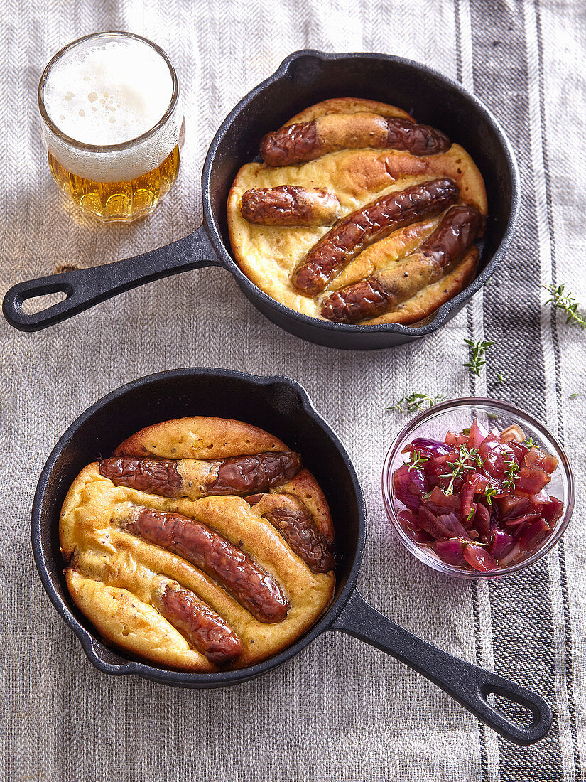 Sausages in beer batter with onion jam