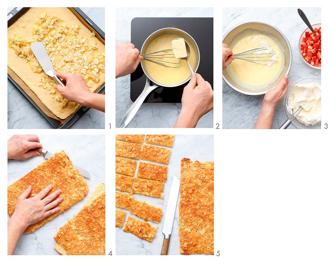 Bienenstich (caramelised almond cake) with strawberries being made