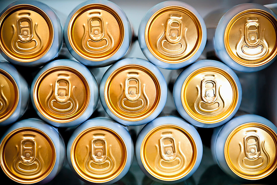 Macro of metal cans with refreshing drinks