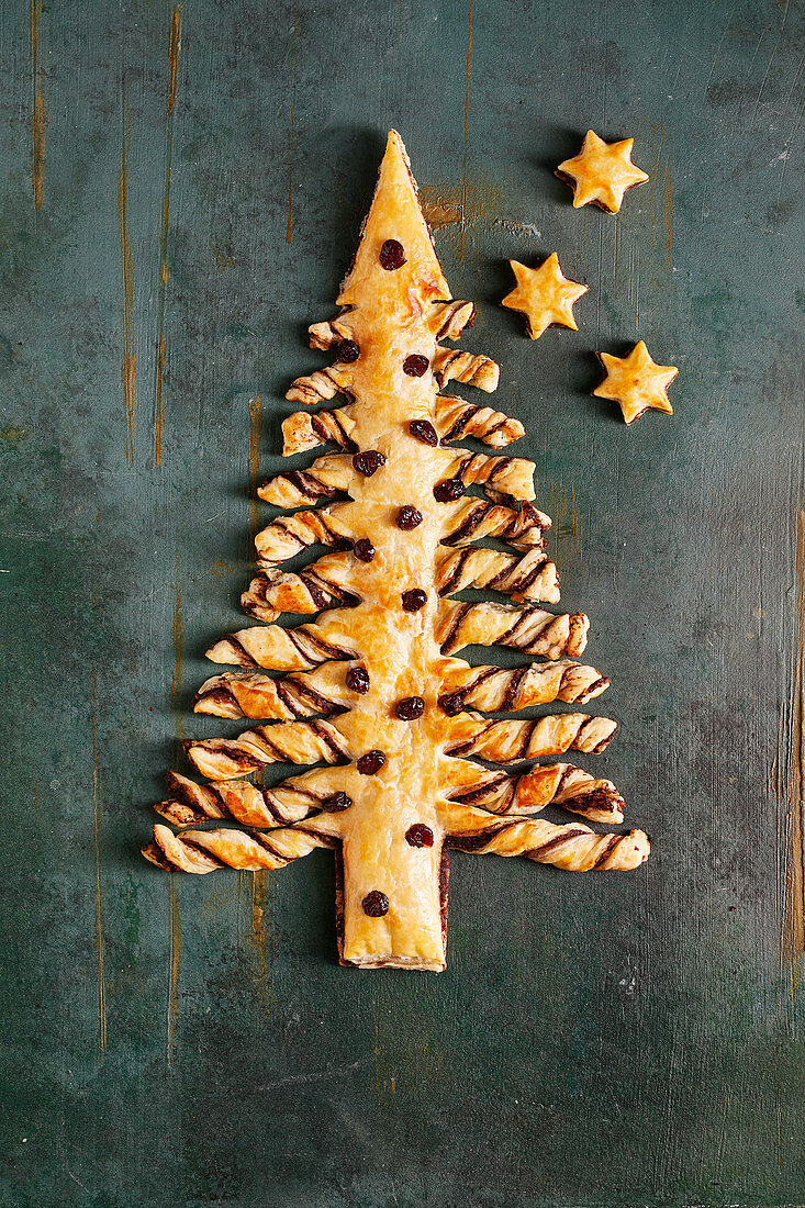 Sugar-free puff pastry Christmas tree decorated with cranberries