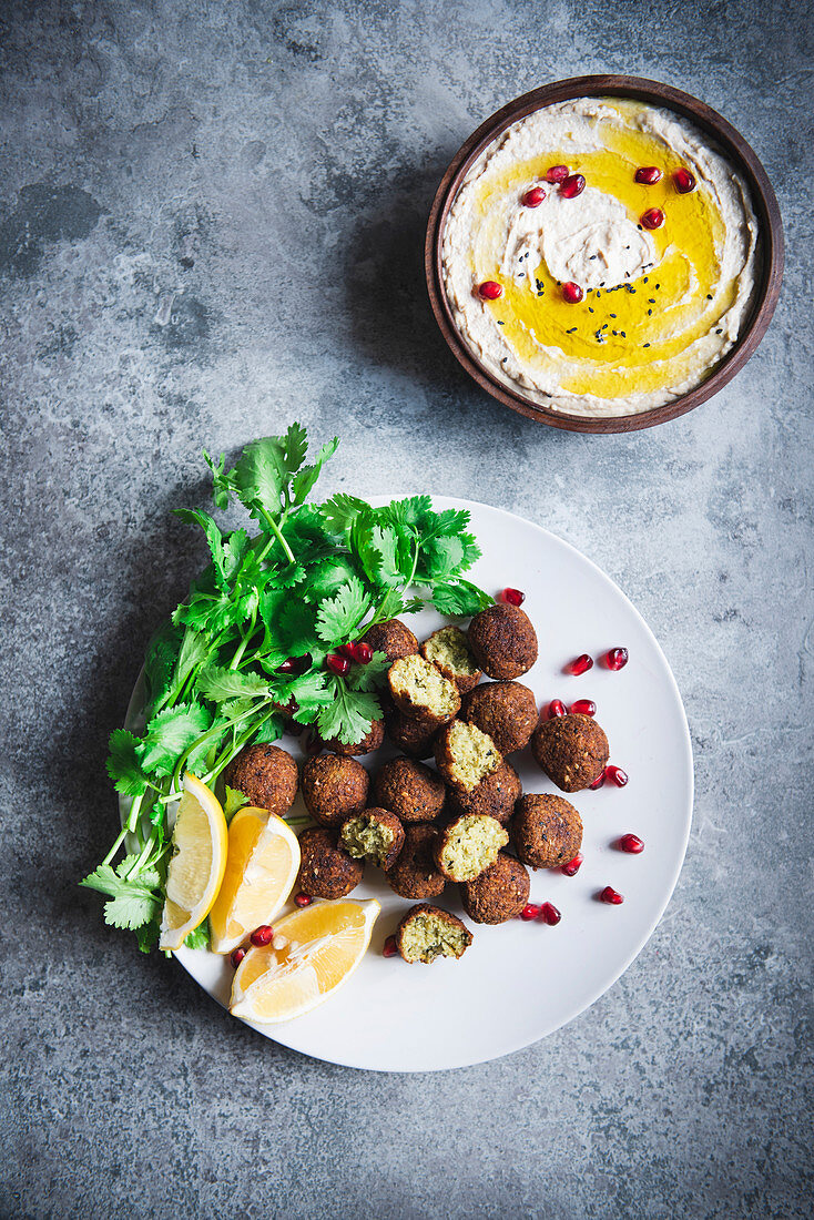 Chickpea hummus and falafel plate