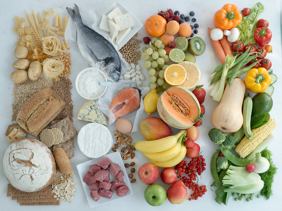 Lebensmittelgruppen - Kohlenhydrate, Eiweiß, Obst und Gemüse