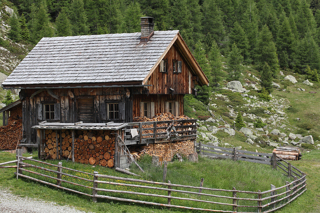 Alpenländisches Holzhaus im Wald mit Holzlager
