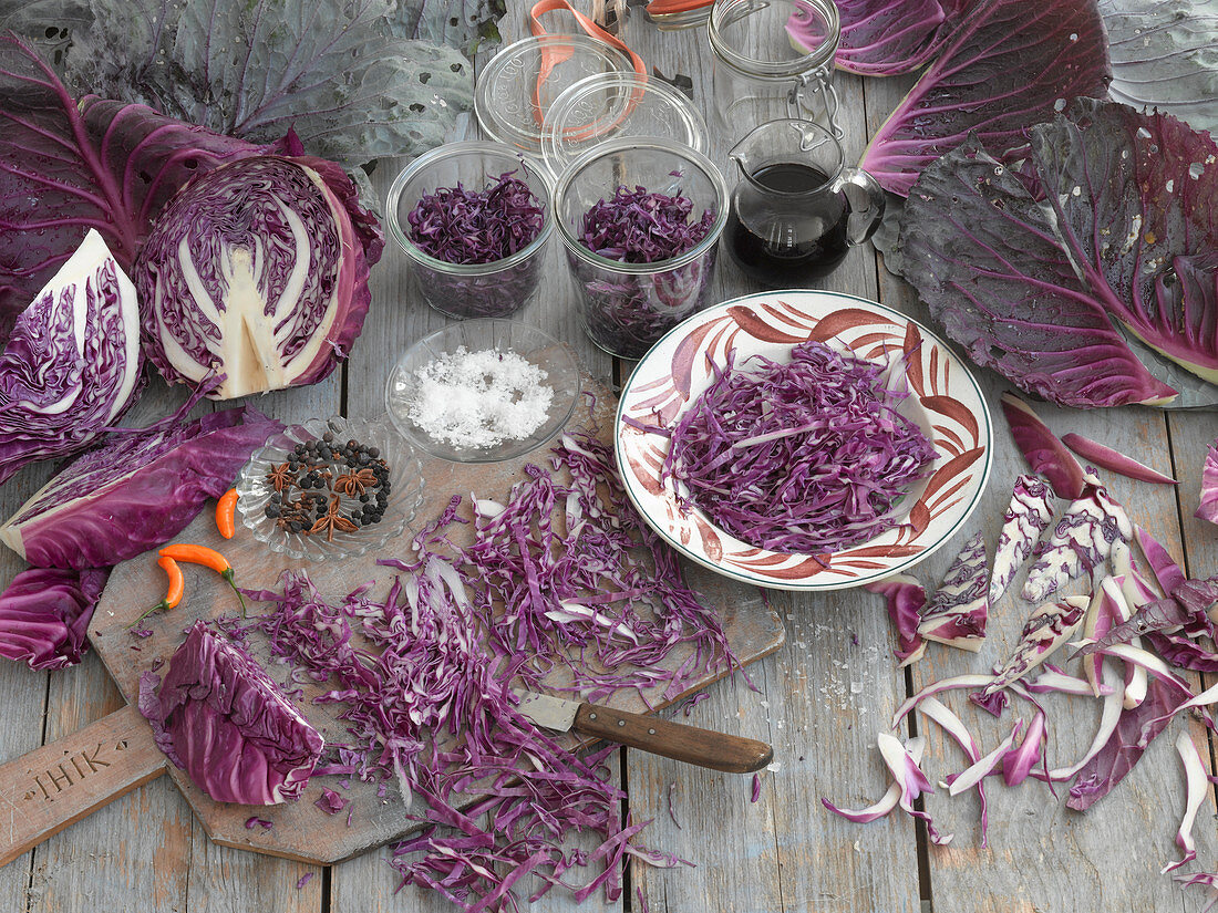 Red cabbage being pickled