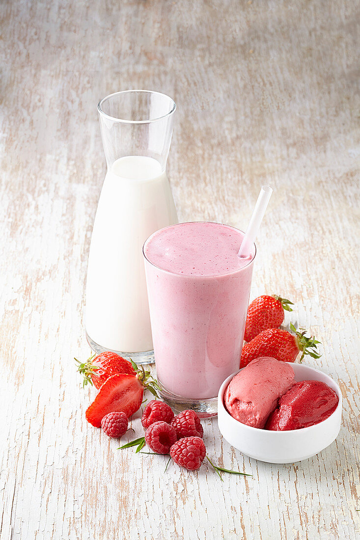 A strawberry milkshake and strawberry-and-raspberry sorbet
