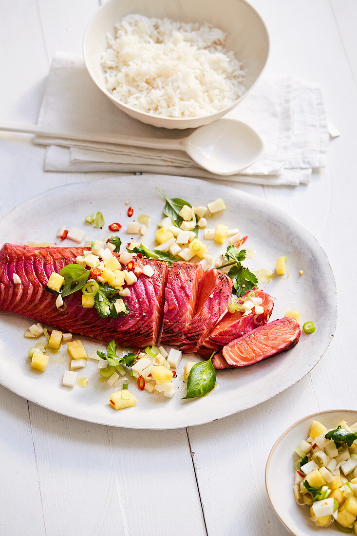 Beetroot marinated salmon with asparagus and pineapple sambal