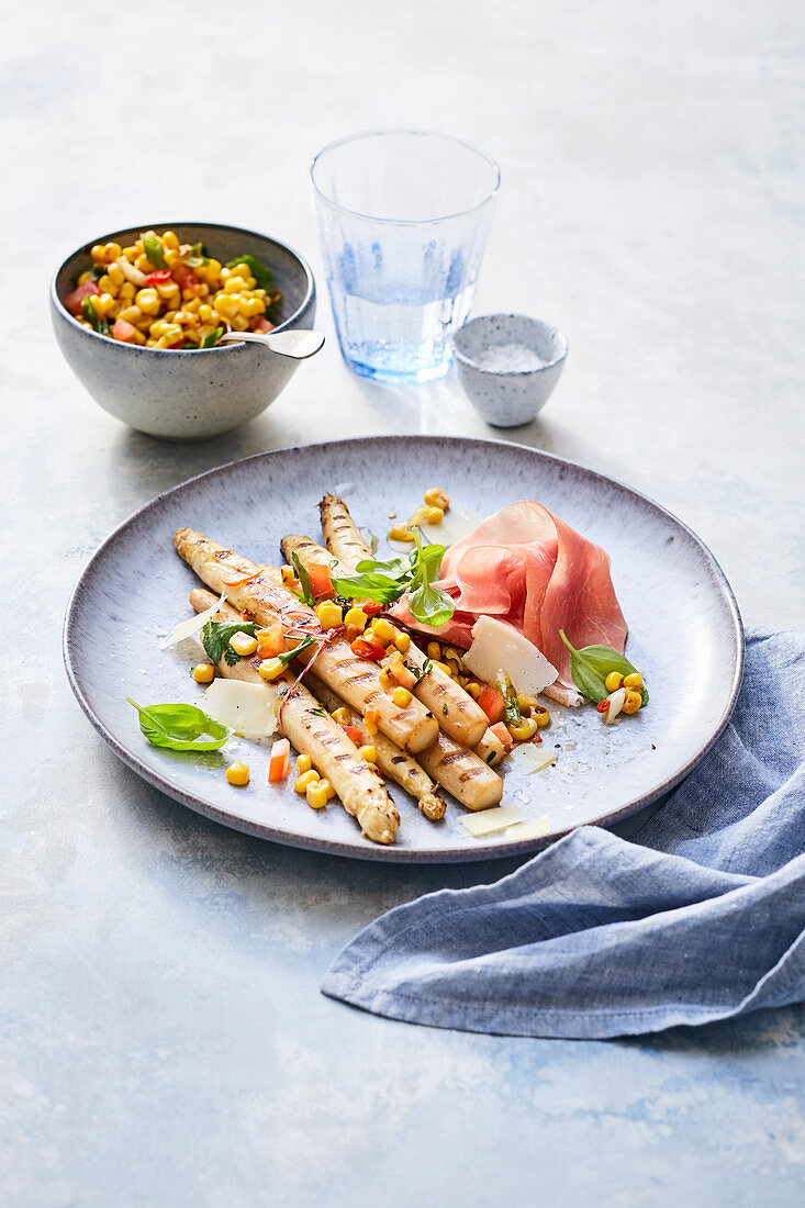 Asparagus with corn salsa, prosciutto and parmesan