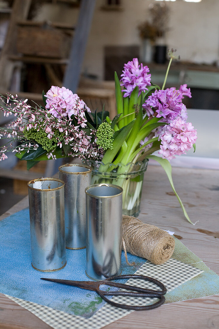 Hyacinths, broom and skimmias for making a spring bouquet