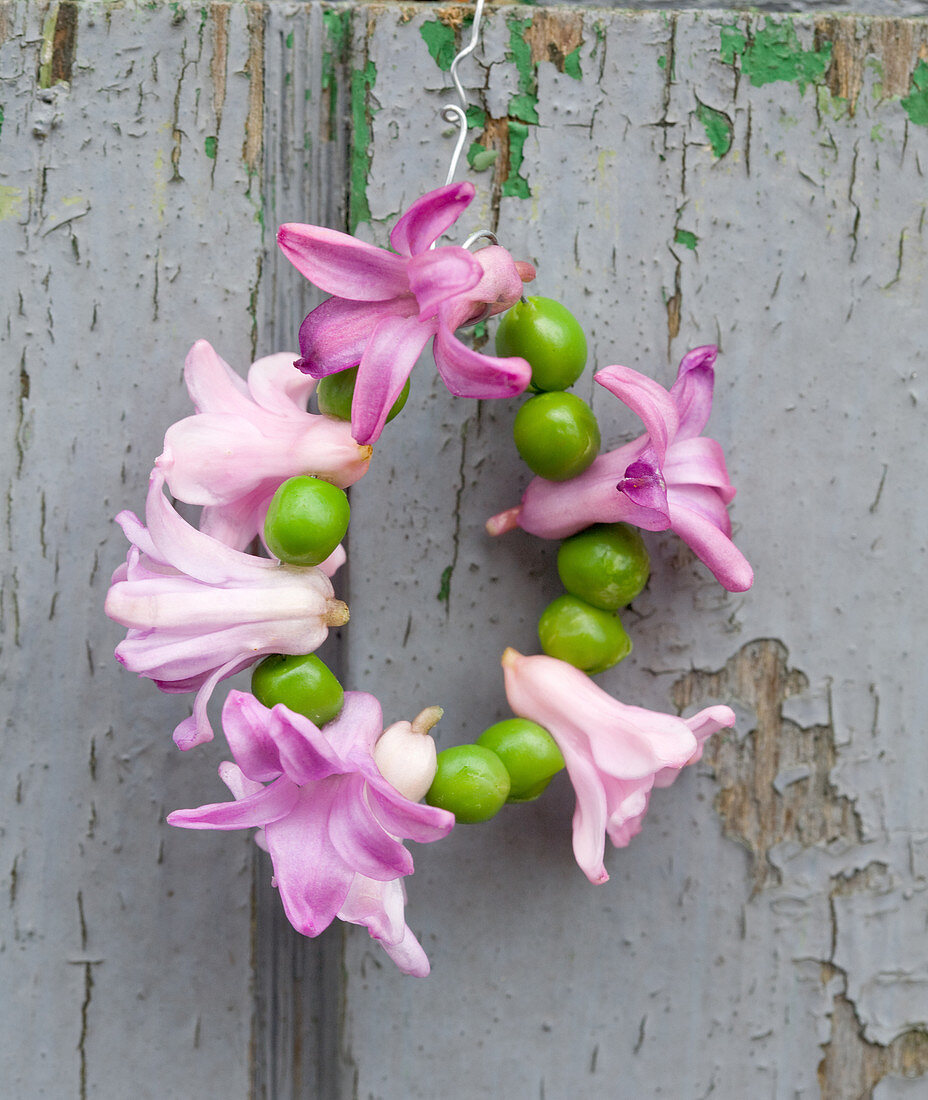 Kränzchen aus Hyazinthenblüten und grünen Erbsen