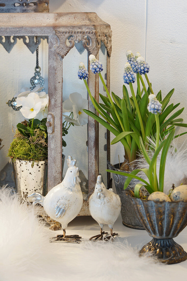 Easter decoration with grape hyacinths, horned violets, chickens, and Easter eggs