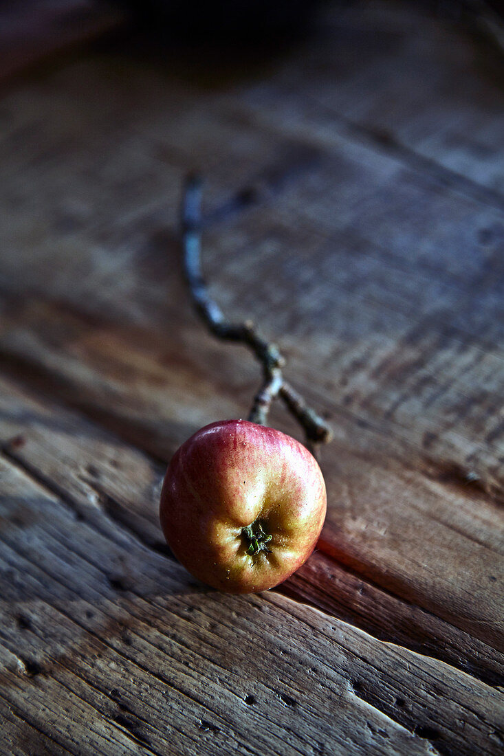 Ein Apfel auf rustikalem Holzuntergrund