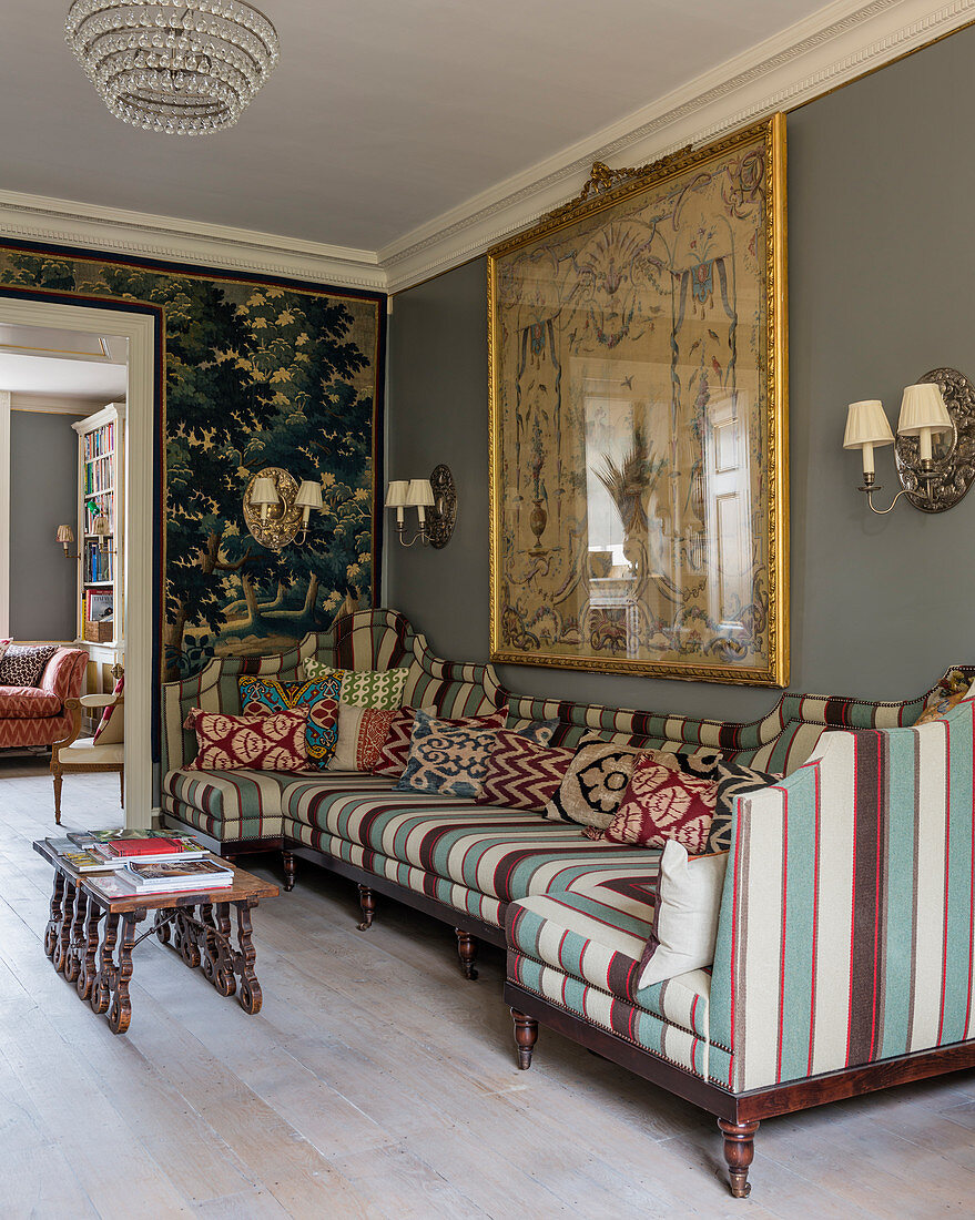 Striped sofa in classic, English-style living room