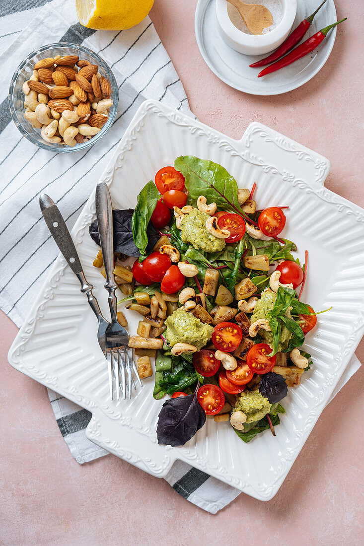 Delicious vegetarian salad on white plate