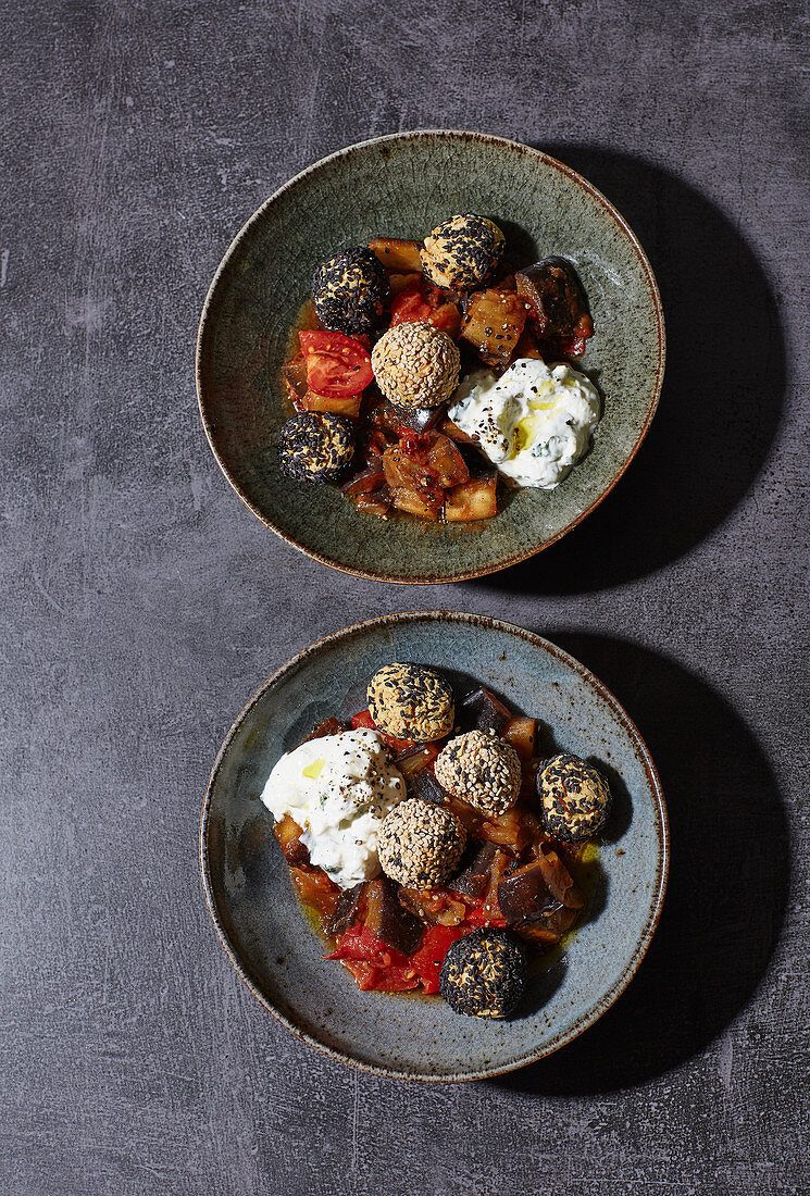 Falafel with an aubergine medley