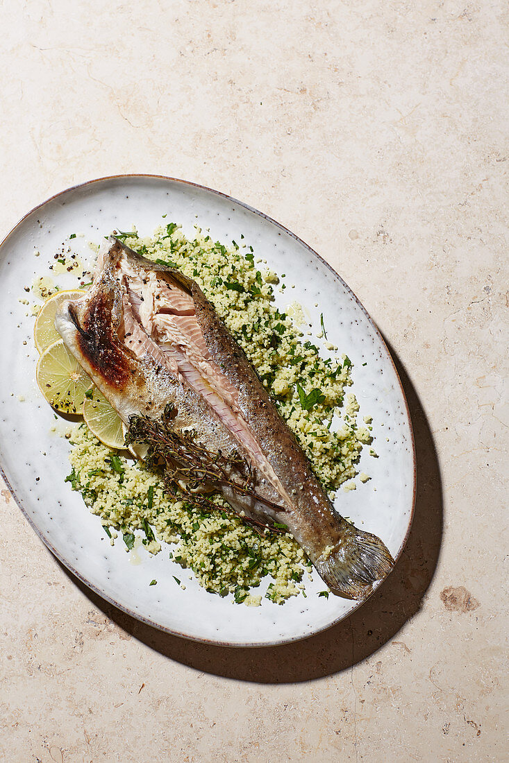 Grilled trout with parsley couscous