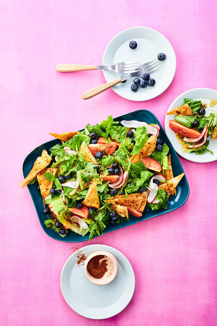 Fattoush – Oriental bread salad with a sumach dressing and blueberries