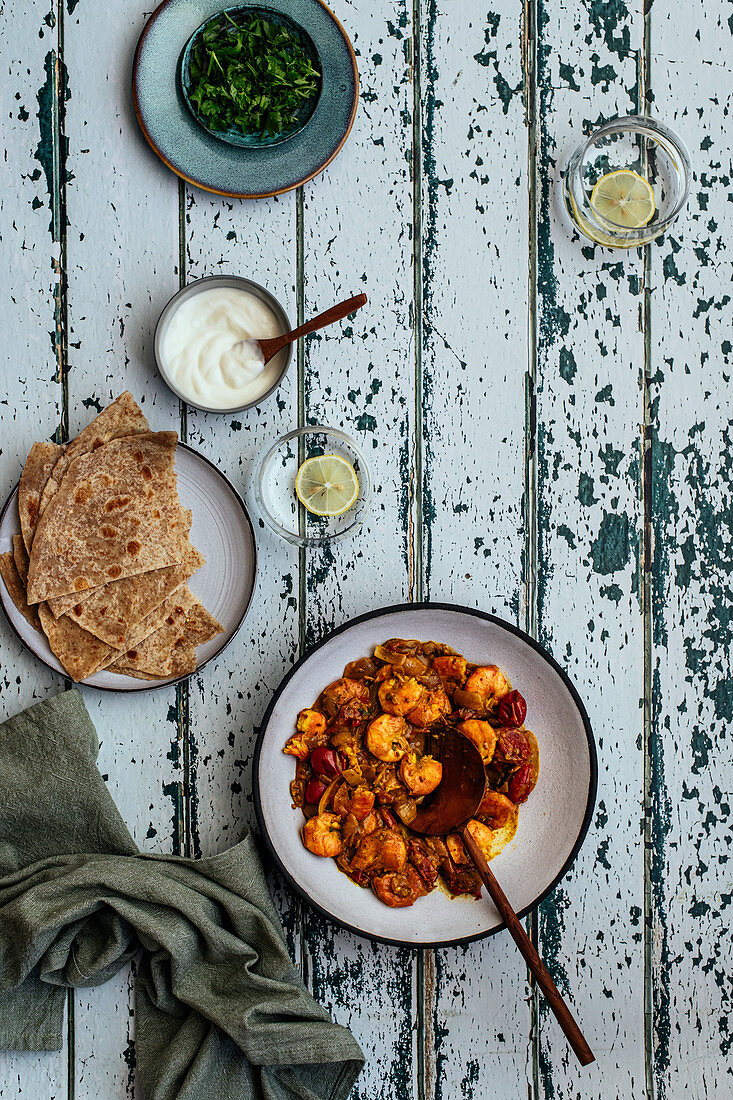 Prawn Curry with Roti and Coriander