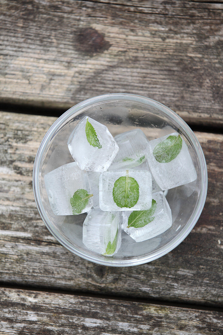 Ice cubes with mint leaves in small glass bowls