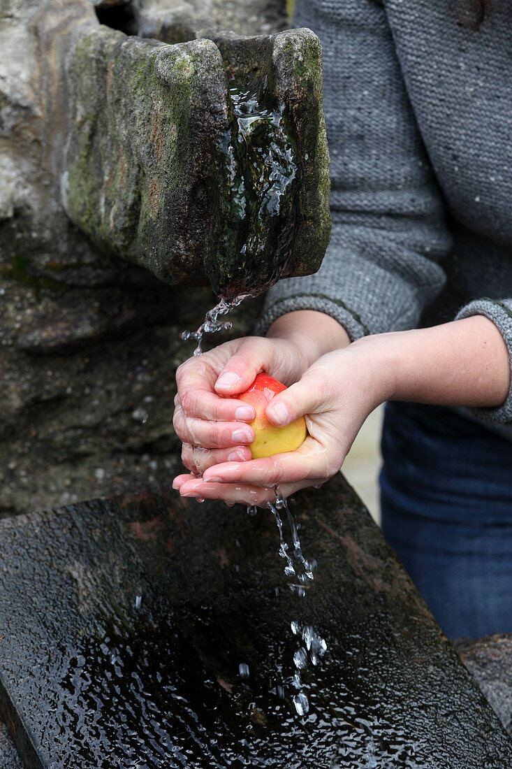 A woman washes an apple in a natural water source