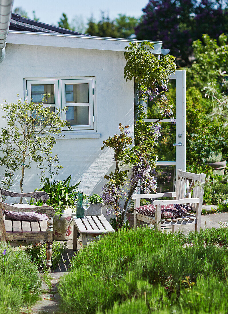 Wooden garden furniture on the terrace