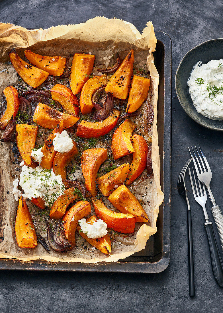 Oven-roasted pumpkin with sheep's cream cheese