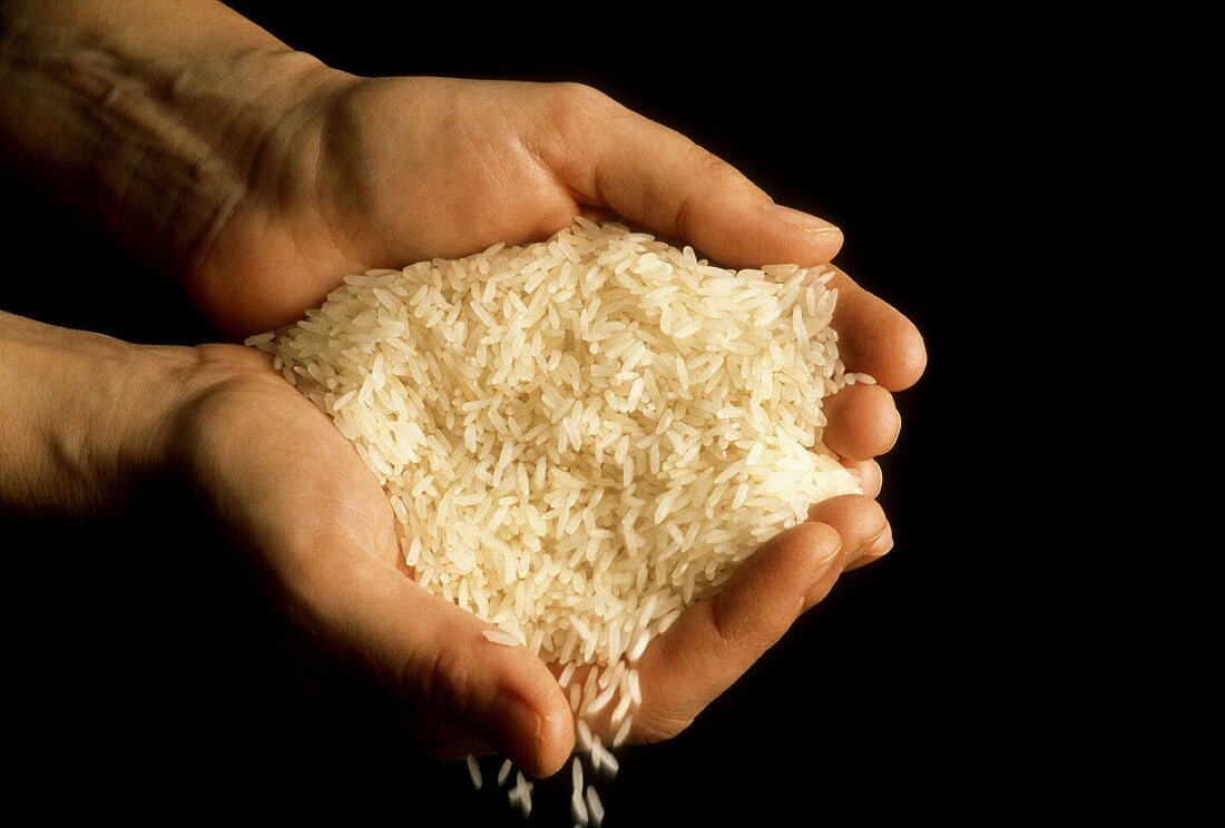 Zwei geöffnete Hände halten Reis (Langkornreis)