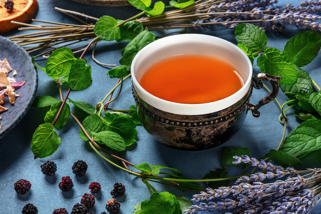 Tasse Kräutertee und verschiedene Kräuter, Früchte und Blumen