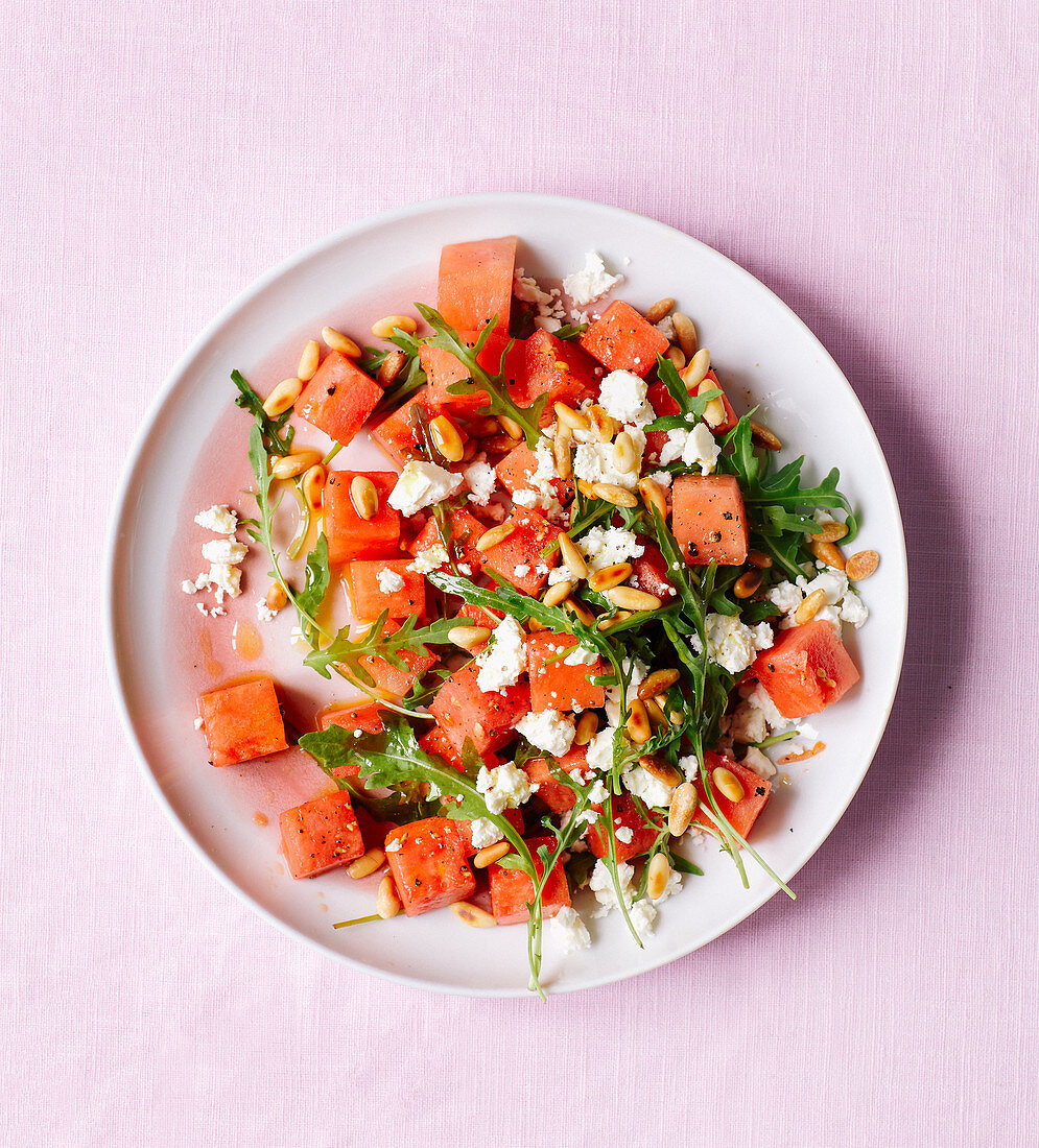 Watermelon and feta cheese salad with rocket