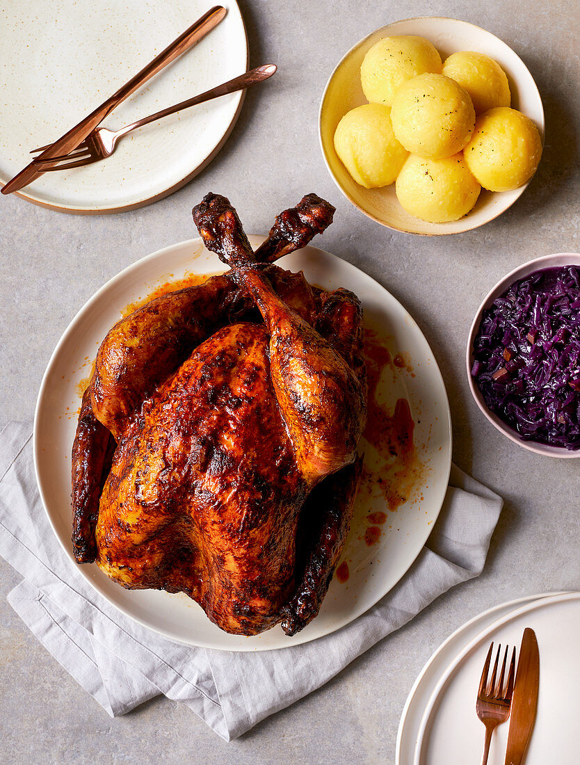 Turkey with red cabbage and potato dumplings
